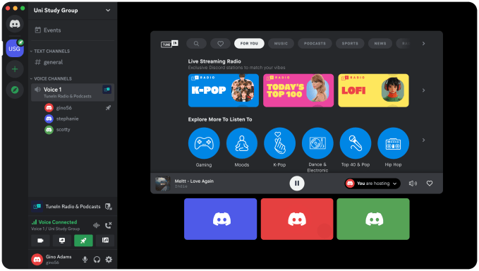 Discord and TuneIn desktop interface integration