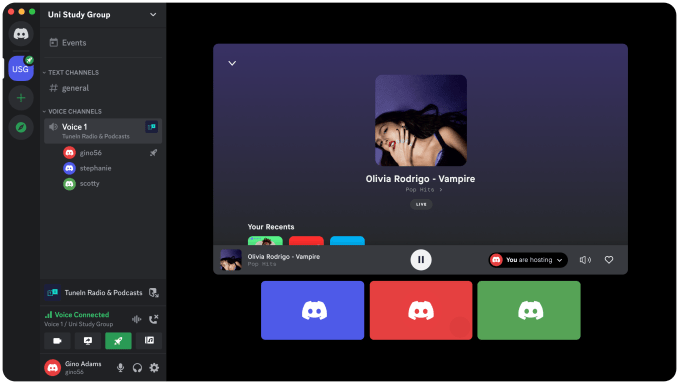 TuneIn now playing interface on Discord