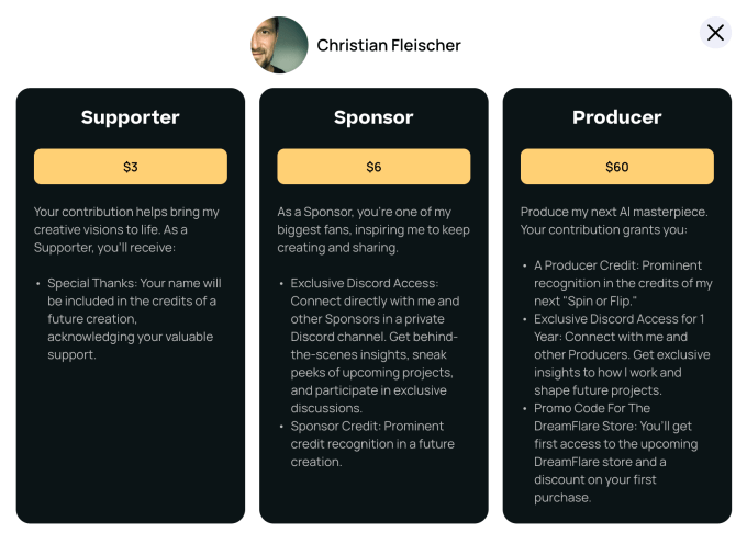 DreamFlare creator support and funding dashboard