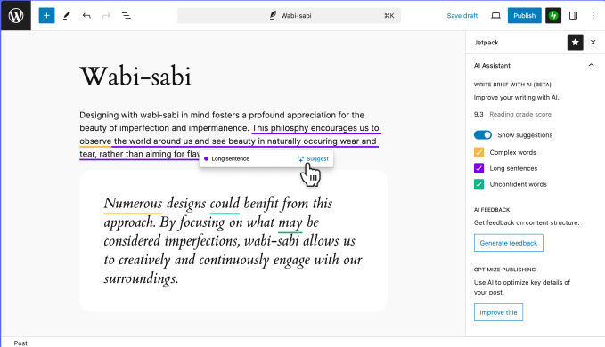 Interface showing AI writing suggestions