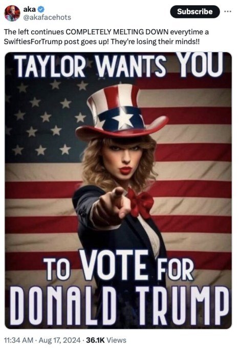 AI-generated image of Taylor Swift shared by Donald Trump