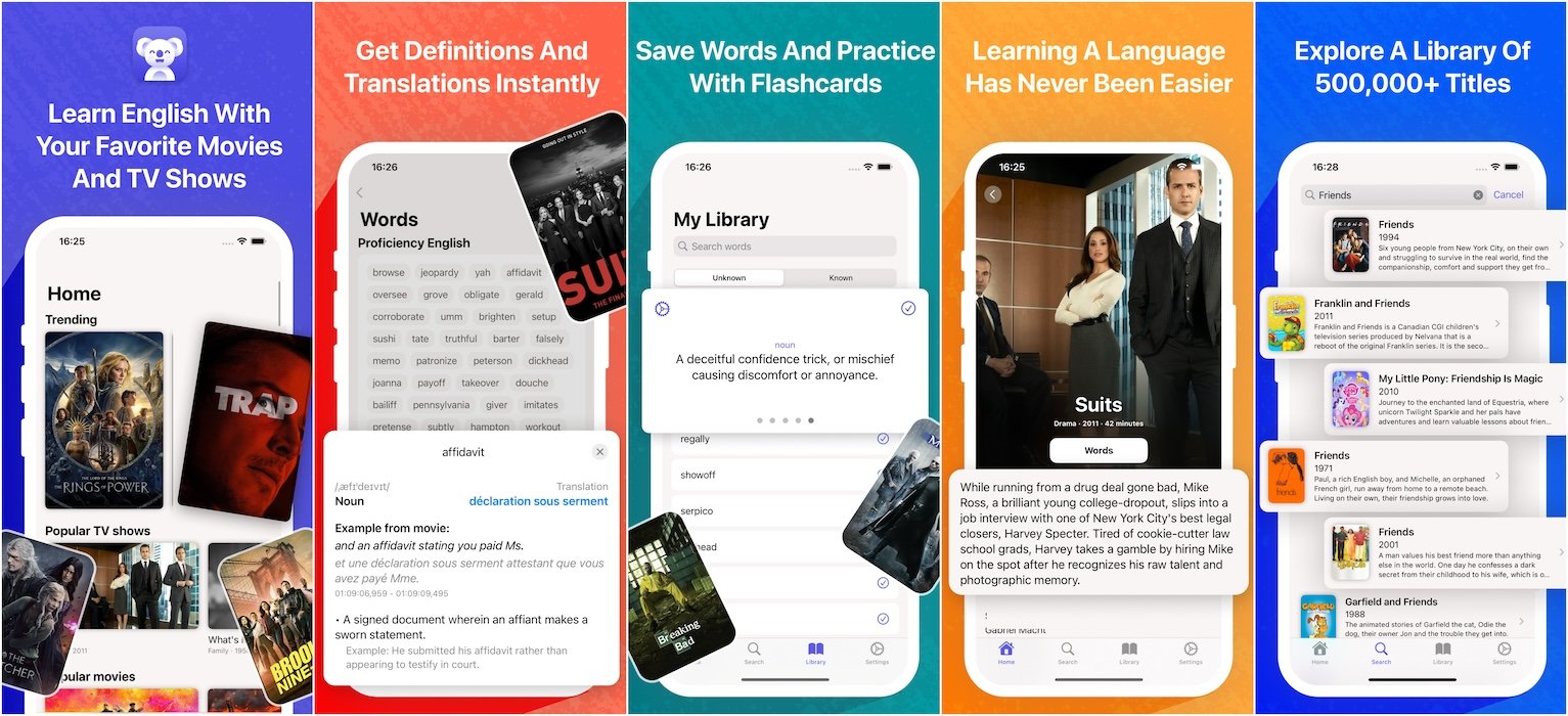 Wordy app interface showing movie vocabulary tracking