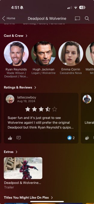 Plex mobile interface showing new review features