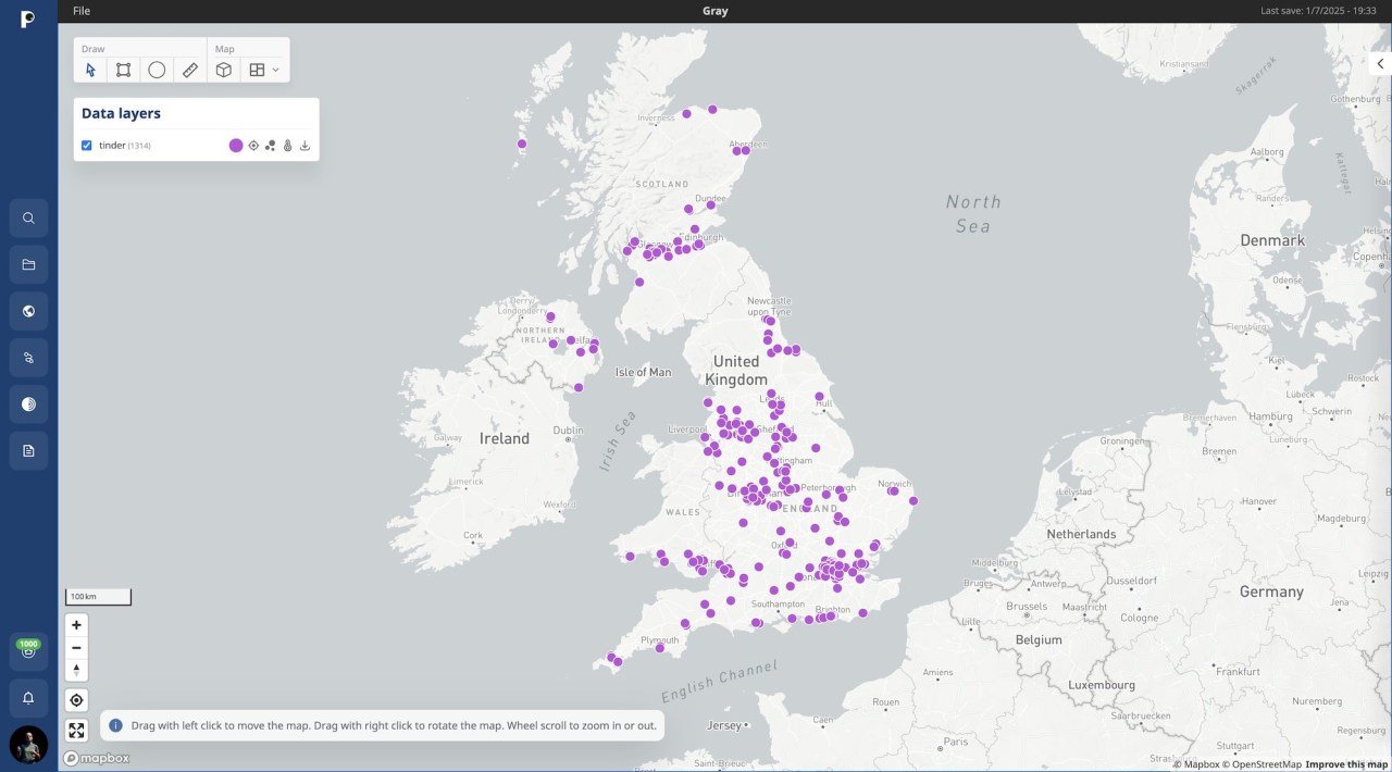 A map showing Tinder users located across the United Kingdom.