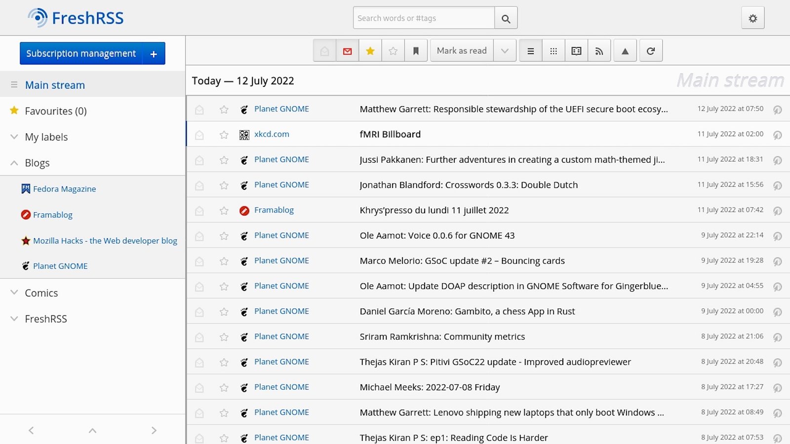 FreshRSS is a self-hosted RSS reader.
