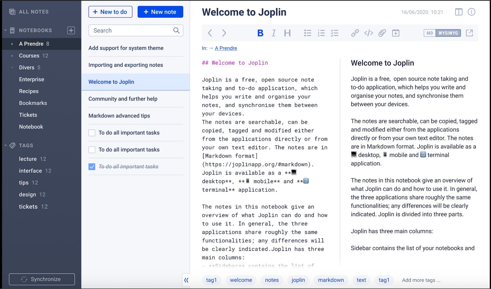 A screenshot of Joplin, a note taking app that syncs your notes and scribbles across devices