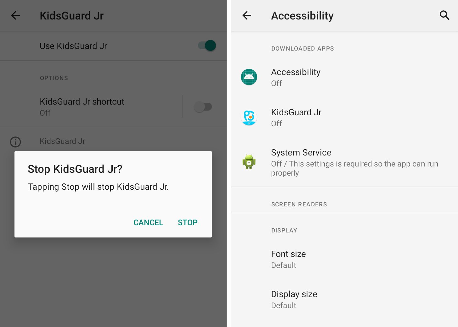 Two screenshots side-by-side showing an app called KidsGuard hijacking the accessibility feature in Android to snoop on unsuspecting users.