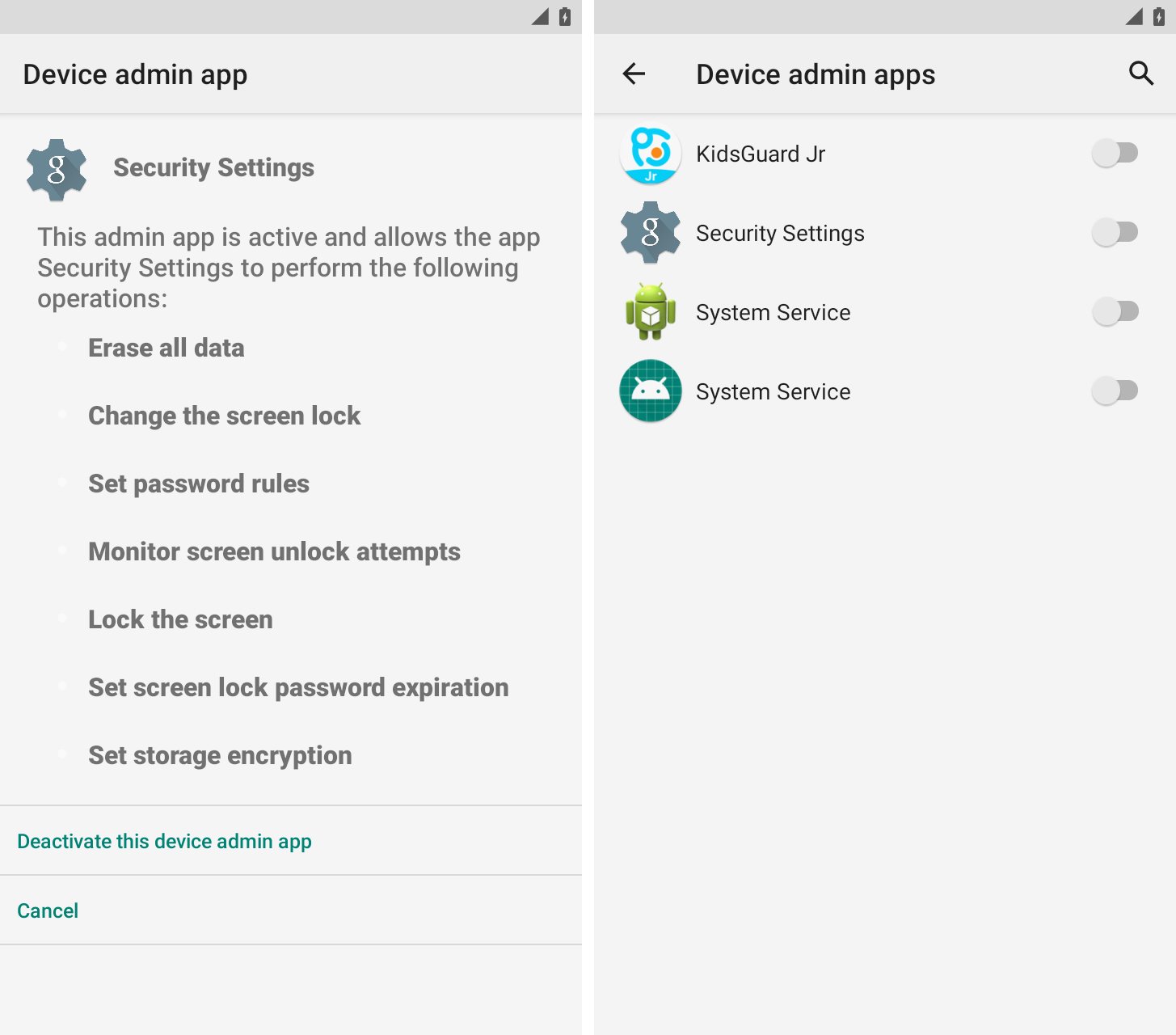 Screenshots showing a suspicious Security Settings app with full admin control.