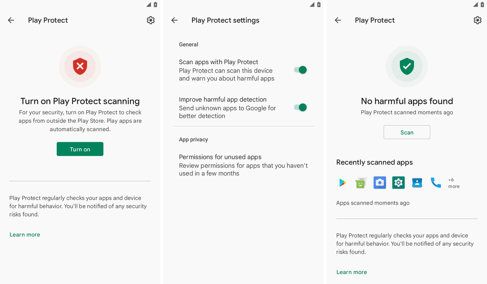 Three screenshots side-by-side showing Play Protect with scanning switched off, then the Protect Play Settings with all of the toggles switched on, and the third screenshot showing Google Play Protect enabled and showing "No harmful apps found," featuring a "scan" button to check for potentially malicious apps.