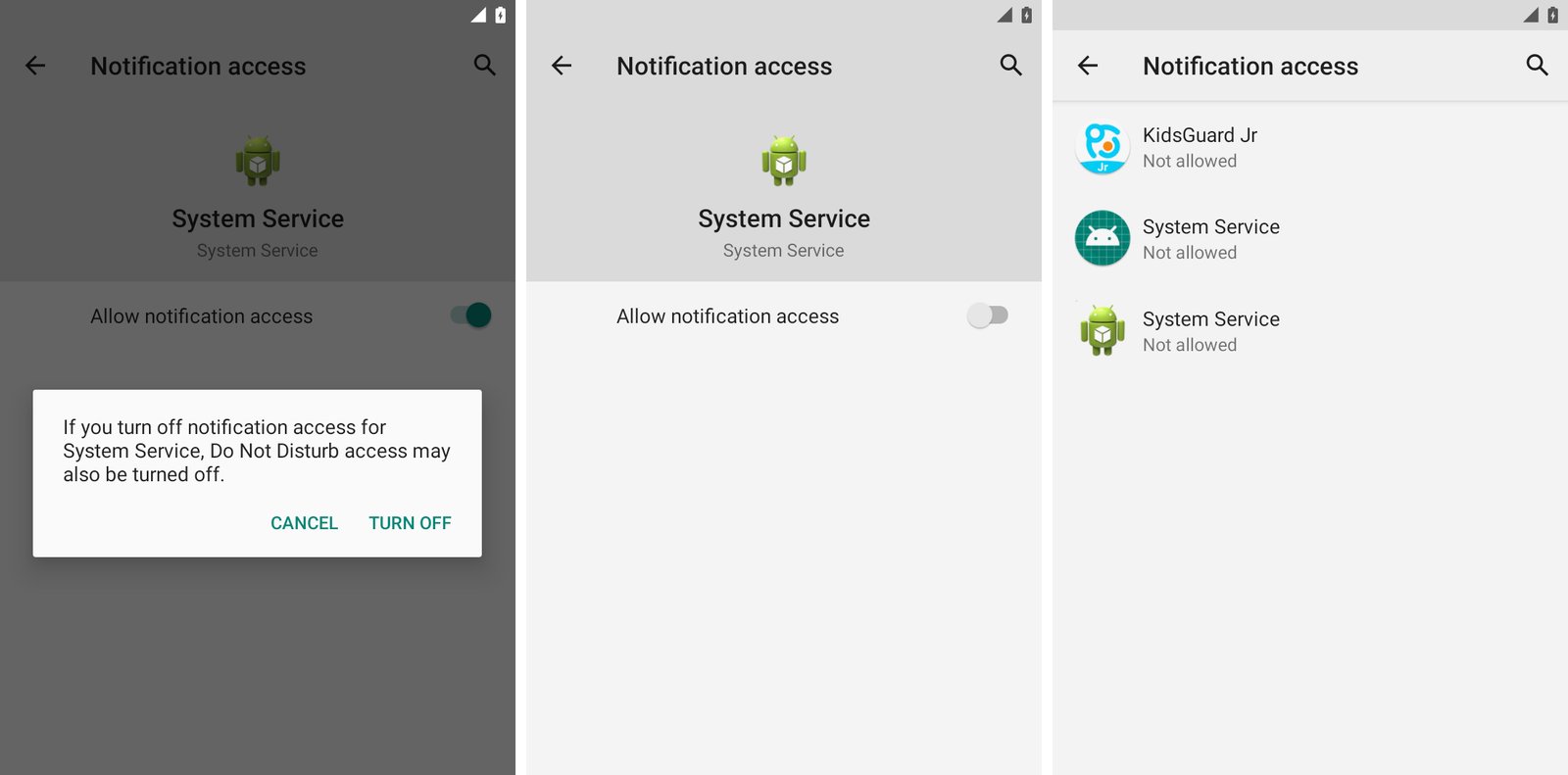 Screenshots showing how to switch off notification access in Android settings.