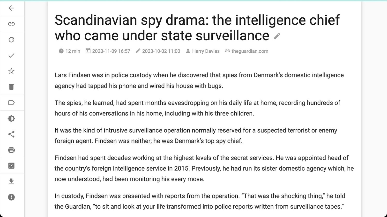 A screenshot showing a new article from the Guardian saved in wallabag, a Pocket alternative.