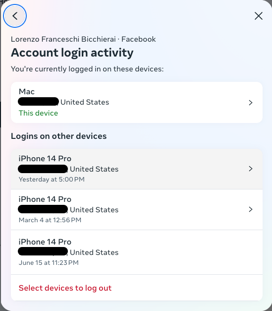 a screenshot of a logged-in Facebook account Account login activity