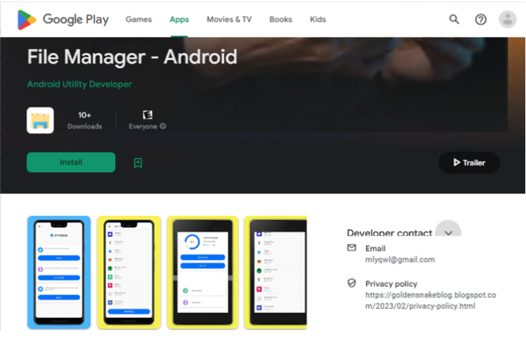 A screenshot showing the File Manager app in the Google Play store that was identified as North Korean spyware.
