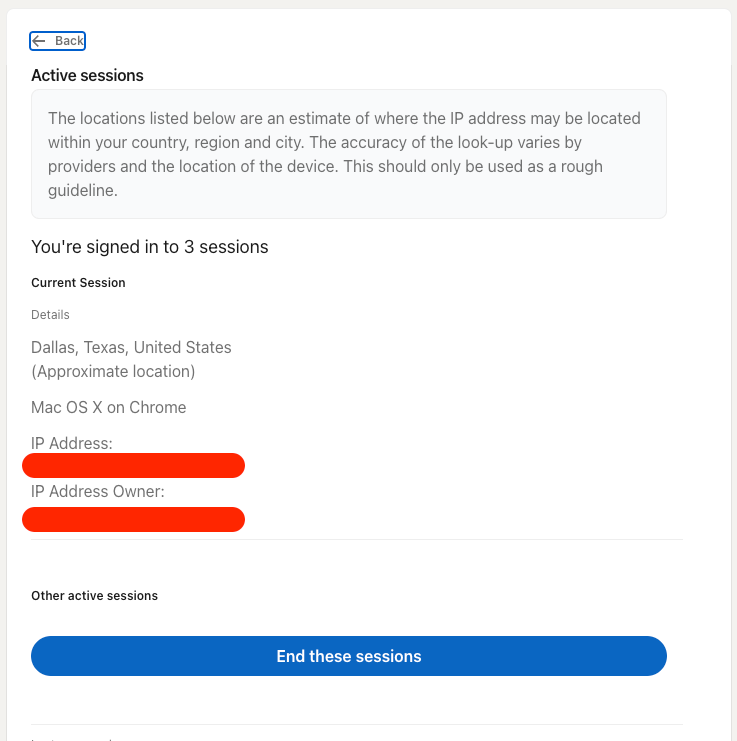 a screenshot showing active sessions of all logged-in LinkedIn accounts