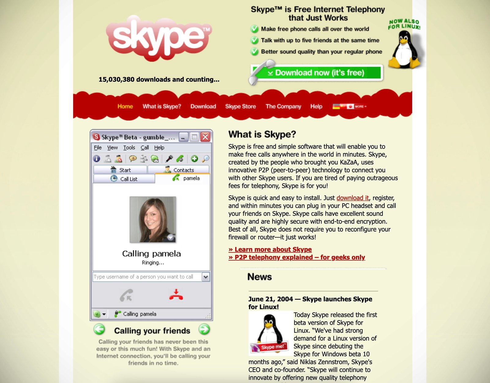 A screenshot from Skype's homepage in 2004, highlighting its early commitment to secure end-to-end encryption.