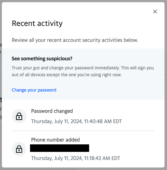 a recent activity window for Yahoo account users