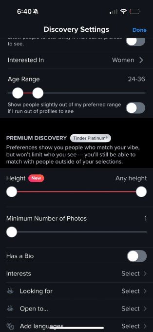 Tinder height preference settings interface