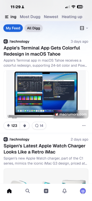 Digg mobile app feed view