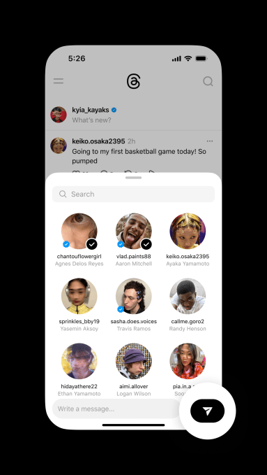 Threads share sheet and messaging options