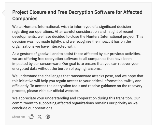 Hunters International shutdown announcement