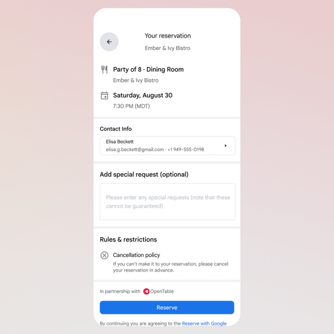 Google AI Mode interface showing dining reservation capabilities