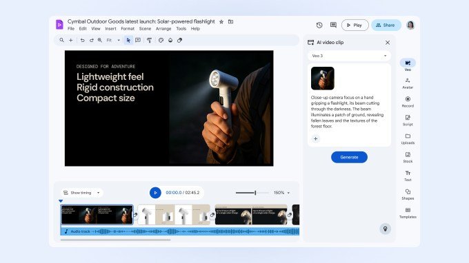A screenshot of Google Vids video editor showing an image to video generation feature that uses Google's Veo 3 model