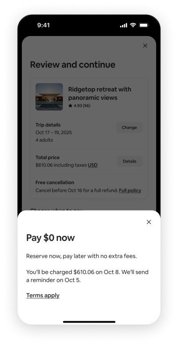 Airbnb Reserve Now Pay Later interface