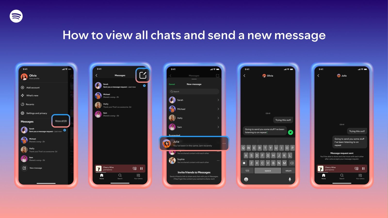 a series of screenshots showing the step-by-step process of viewing new messages and sending a message on Spotify