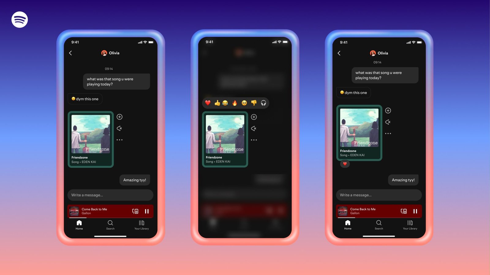 a series of screenshots showing the process of reacting to messages on Spotify using emoji