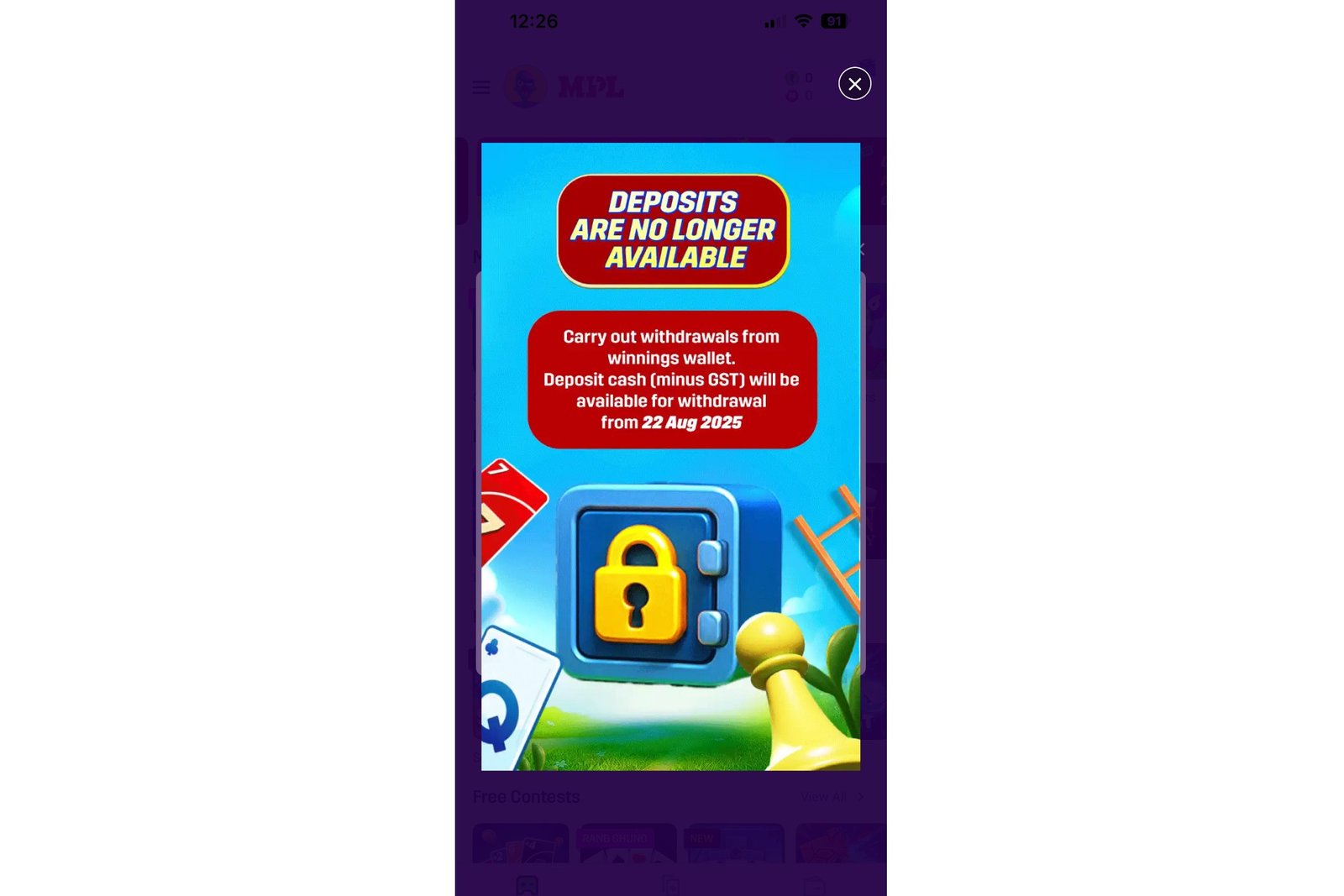 MPL app notification regarding deposit suspension