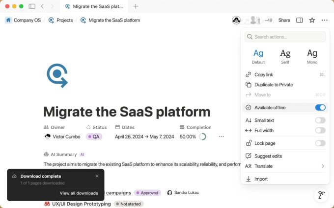 Notion interface showing offline capabilities