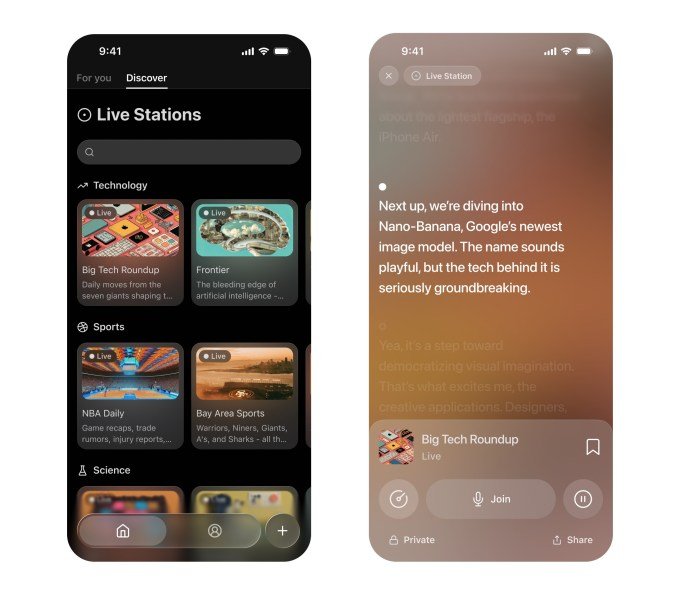 A pair of screenshots showing Live Station feature on audio app Huxe.
