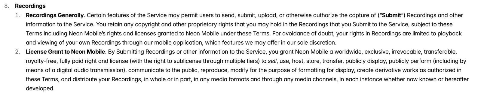 A screenshot from Neon's privacy policy regarding data usage licenses