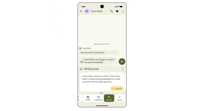 Gboard AI writing tools interface