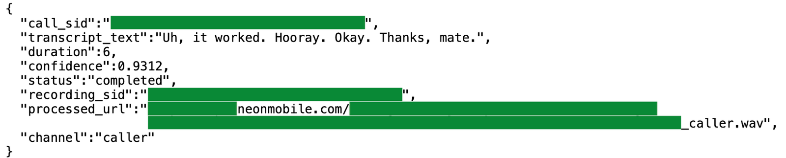 A JSON response from Neon Mobile's server displaying transcript text from a private call.