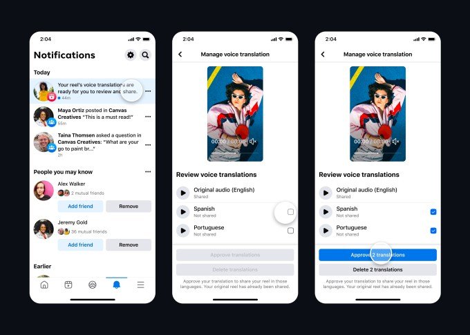Screenshots of Facebook interface for creators that shows screens to view, review, and approve AI-powered translations of their review