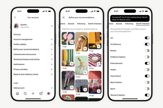 Pinterest interface showing new AI content filtering options