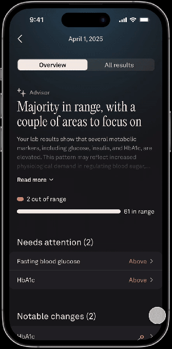 Oura app Health Panels interface showing biomarker results