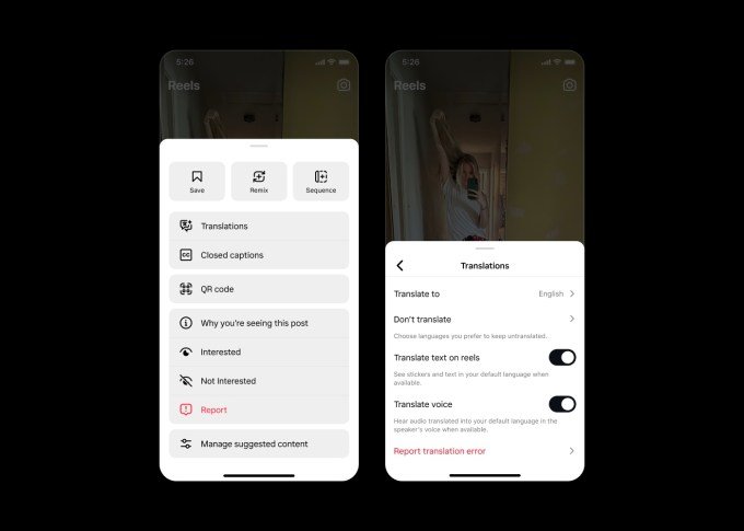 Screenshots of a menu on Instagram interface to control AI-powered translation for Reels. Users can turn on/off translations for voice and text