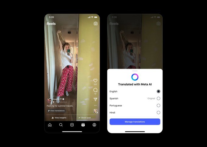 A screenshot of Instagram interface showing translation feature that allows users to view Reels in a different language