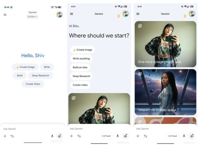 screenshots showing gemini's new interface with colorful prompts and images