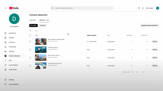 YouTube likeness detection interface