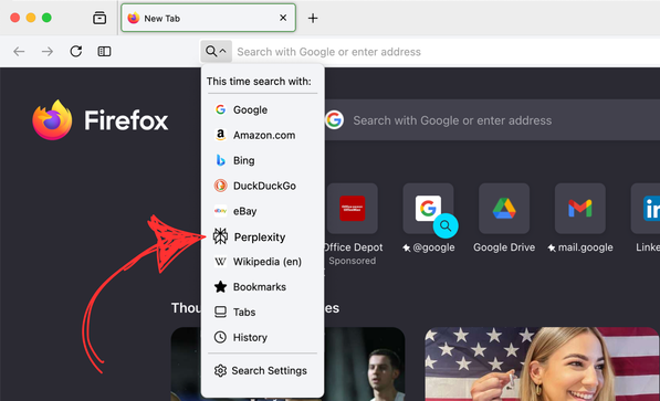 Perplexity AI search interface within Firefox