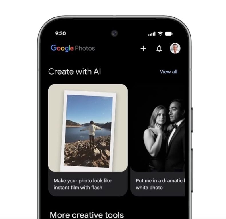 Interface showing AI templates in Google Photos