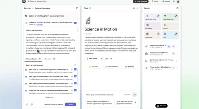 NotebookLM interface showing new research options