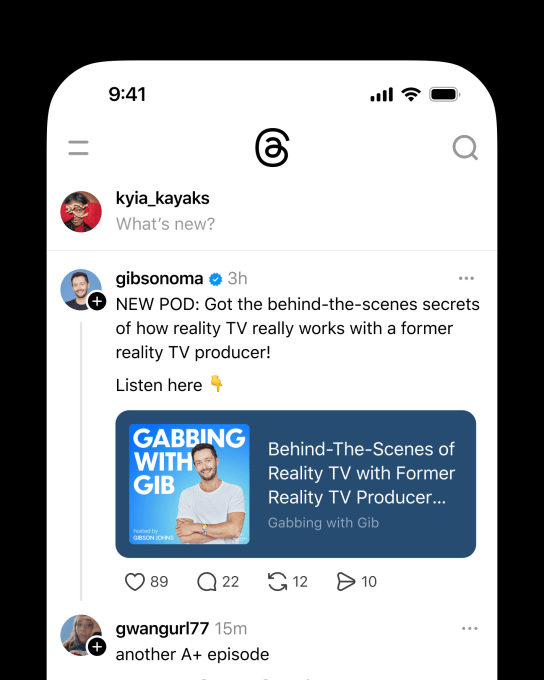 Threads podcast integration in feed