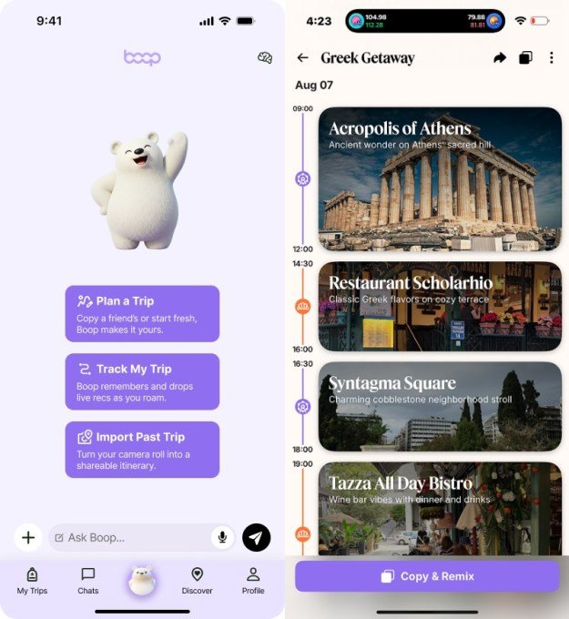 Boop app interface showing travel itinerary