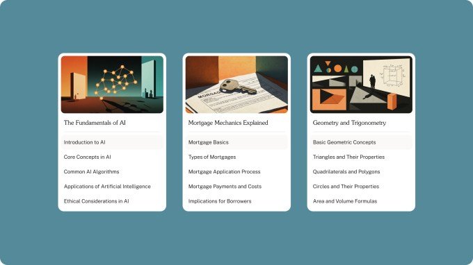 Screenshots of Oboe's new chapter-focused learning interface.
