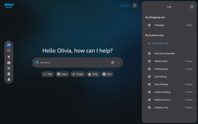 Alexa.com shopping list interface