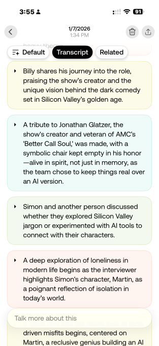 Bee app interface showing segmented conversation